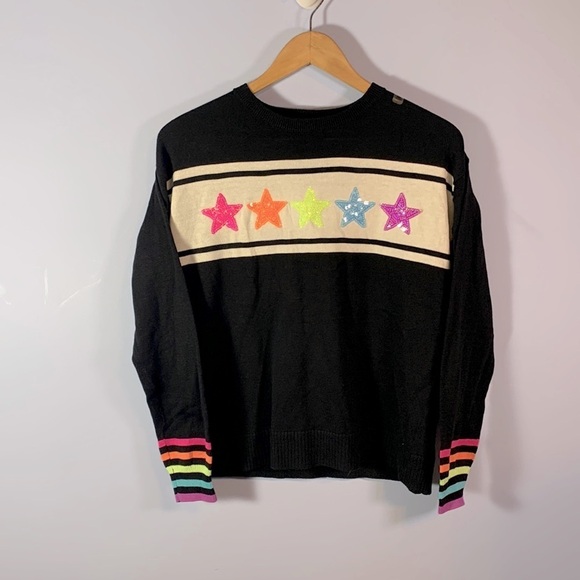 The Children's Place Other - PLACE size 14 XL black sweater neon rainbow stars striped rainbow cuffs